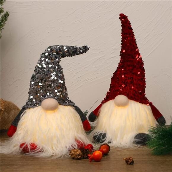 Lighted Christmas Gnome Set Scandinavian Tomte Plush Elf Tabletop Holiday Decor - Picture 6 of 7